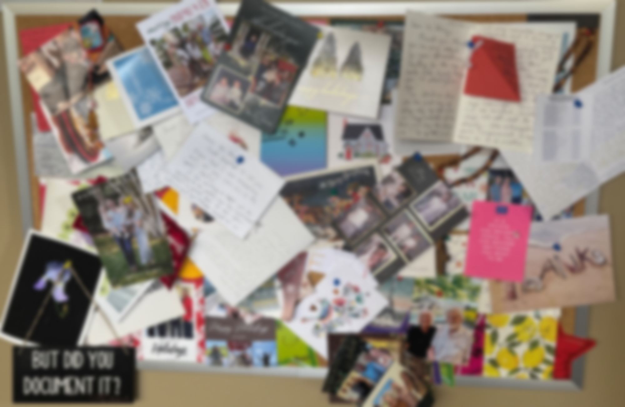A bulletin board of thank-you notes and cards from Westport patients